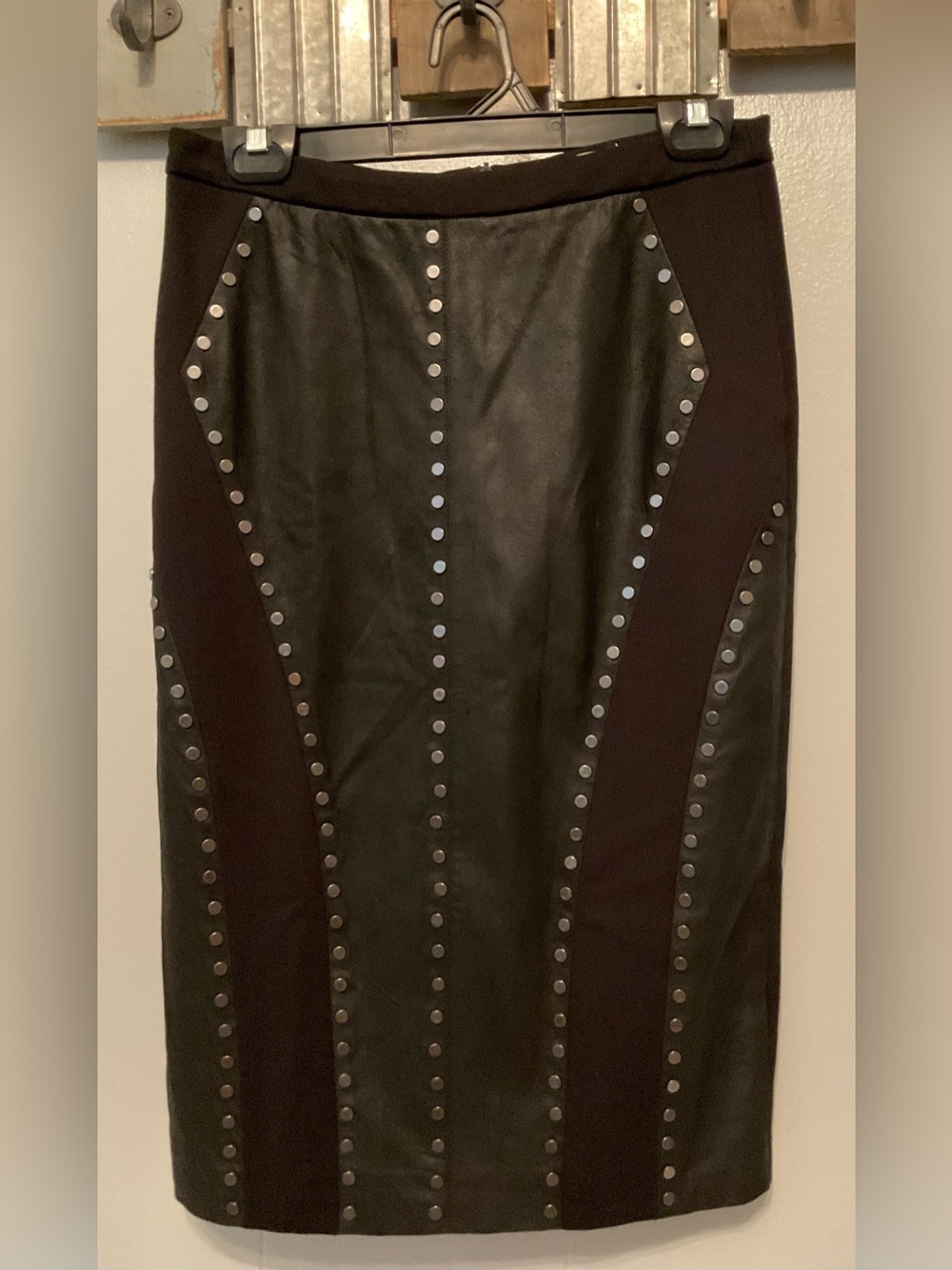 My Tribe genuine Leather Pencil Skirt with Studded Trim - Black